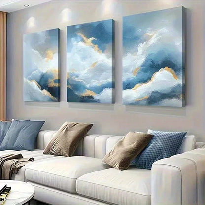 3pcs Landscape with Blue & Golden Brushstrokes Wall Art Set Canvas Framed 50x70cm - High Quality Print 100% Australian Made Wall Canvas Ready to Hang