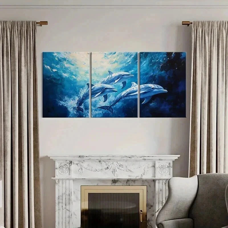 3pcs Sea Life Dolphins in Ocean Landscape Wall Art Set Canvas Framed 60x90cm - High Quality Print 100% Australian Made Wall Canvas Ready to Hang - Bella Home Decor