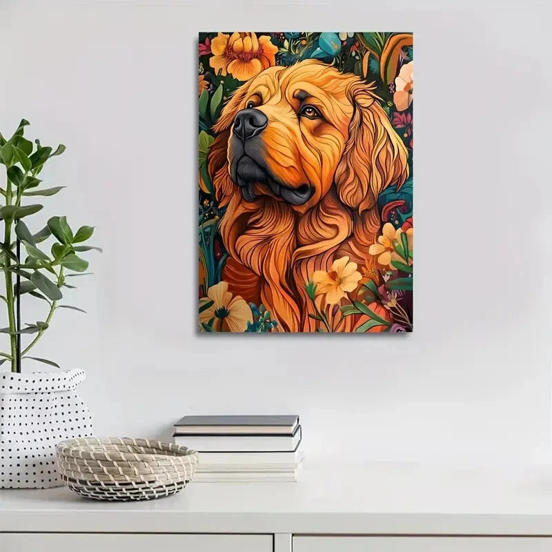 Vibrant Golden Retriever with Colorful Floral Painting 40x60cm Metal Print Ready to Hang - Bella Home Decor