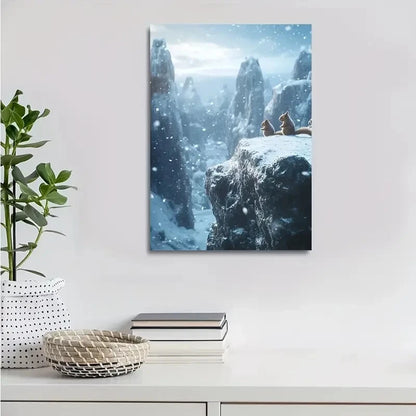 Enchanting Squirrel Duo on Snowy Mountain Painting 40x60cm Metal Print Ready to Hang - Bella Home Decor