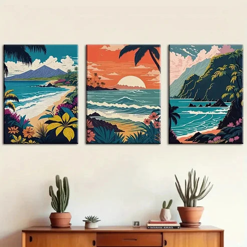 3pcs Ocean Waves Island Seaside Views Wall Art Set Canvas Unframed - High Quality Print 100% Australian Made Wall Canvas