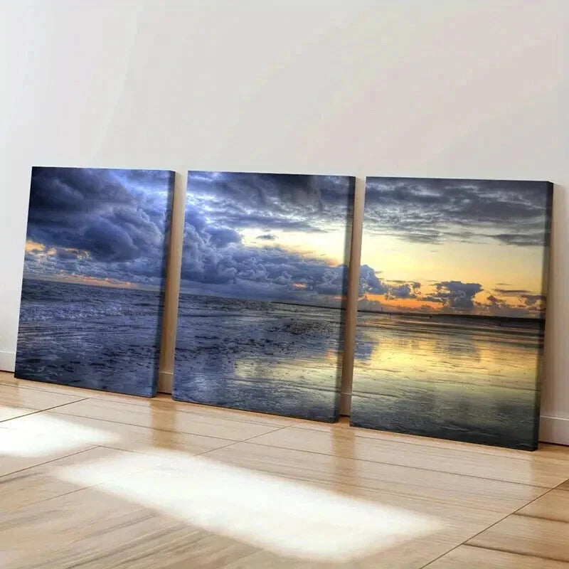 3pcs Sea Surface Clouds at Sunset Modern Wall Art Set Canvas Framed 50x70cm - High Quality Print 100% Australian Made Wall Canvas Ready to Hang - Bella Home Decor