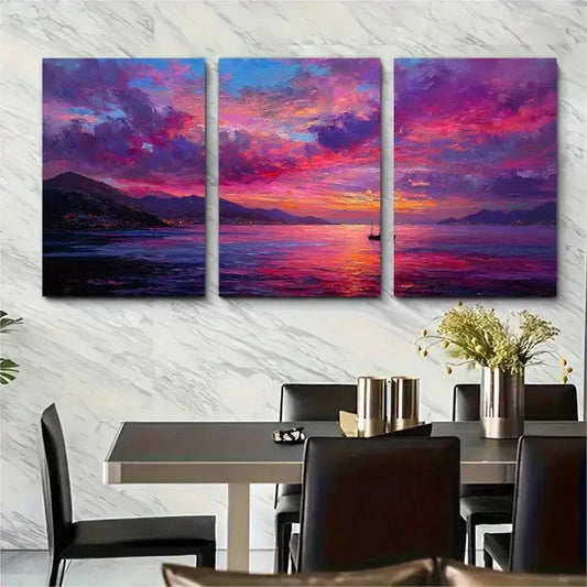 3pcs Boat Sunset Scenic Seamless Perfect Wall Art Set Canvas Framed 40x60cm - High Quality Print 100% Australian Made Wall Canvas Ready to Hang