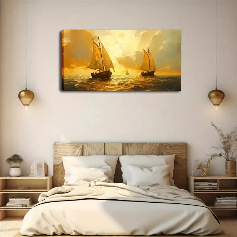 Sailboats At Sea Yellow Sunset Wall Art Canvas Office Home Room Framed 120x60cm - Bella Home Decor