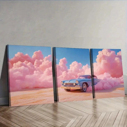 3pcs The car was driving in the pink desert Wall Art Set Canvas Framed 50x70cm - High Quality Print 100% Australian Made Wall Canvas Ready to Hang
