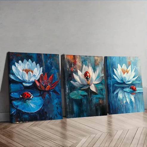 3pcs Ladybugs on Water Lilies Nature Perfect Wall Art Set Canvas Unframed - High Quality Print 100% Australian Made Wall Canvas