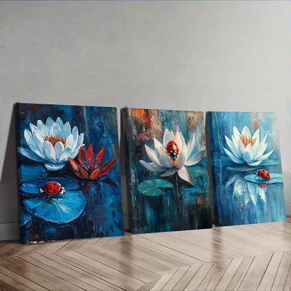 3pcs Ladybugs on Water Lilies Nature Perfect Wall Art Set Canvas Unframed - High Quality Print 100% Australian Made Wall Canvas