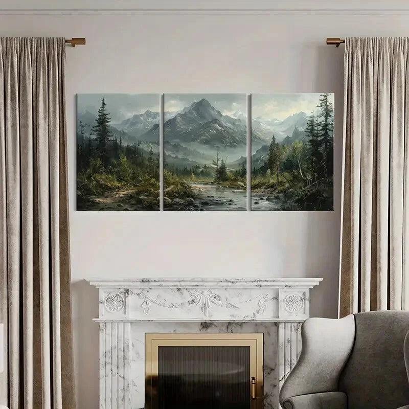 3pcs Mountain Landscape Forest Stream Snowy Metal Print Ready to Hang Art - Bella Home Decor