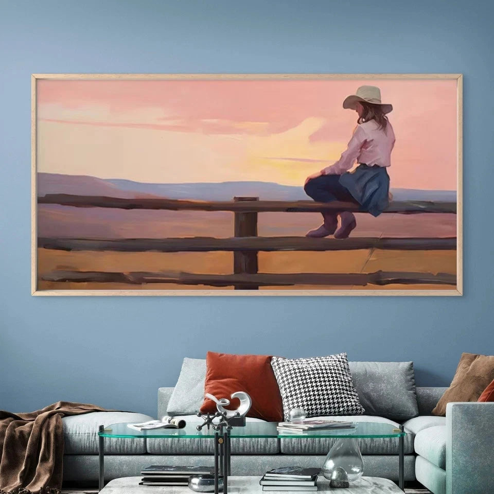 Western Cowboy Girl on Fence Wall Art Canvas Office Home Room Framed 120x60cm