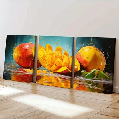 3pcs Mango Splash Reflection Vibrant Abstract  Wall Art Set Canvas Framed 50x70cm - High Quality Print 100% Australian Made Wall Canvas Ready to Hang