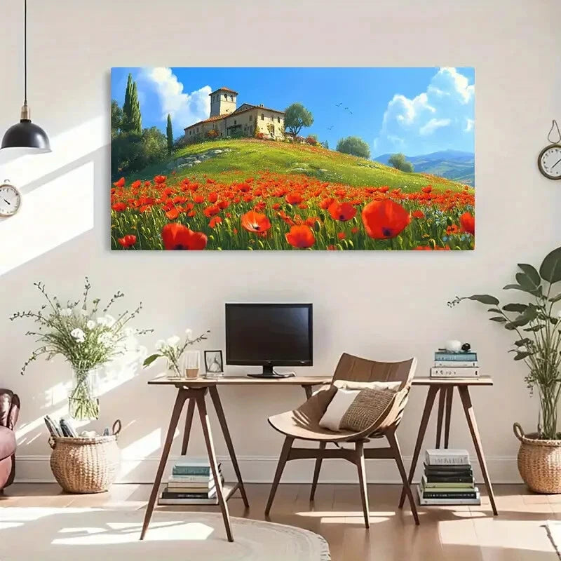 Countryside Landscape Poppy Wall Art Canvas Office Home Room Framed 120x60cm - Bella Home Decor