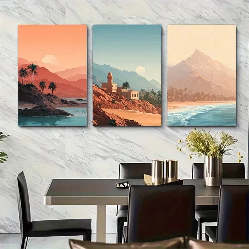 3pcs Oman Arabian Peninsula & Mountain Wall Art Set Canvas Framed 40x60cm - High Quality Print 100% Australian Made Wall Canvas Ready to Hang