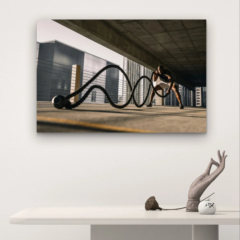 Athletic Man Using Battle Ropes 5mm Plastic Poster Ready to Hang 90x60cm