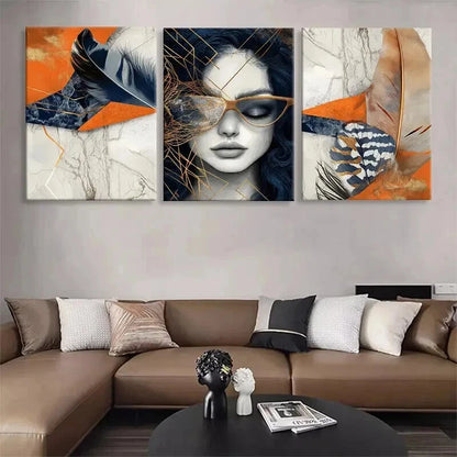 3pcs Abstract Woman Geometric Element Perfect Wall Art Set Canvas Framed 50x70cm - High Quality Print 100% Australian Made Wall Canvas Ready to Hang