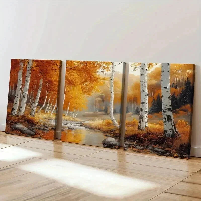 3pcs Autumn Birch Trees Golden Leaves Wall Art Set Canvas Framed 60x90cm - High Quality Print 100% Australian Made Wall Canvas Ready to Hang - Bella Home Decor
