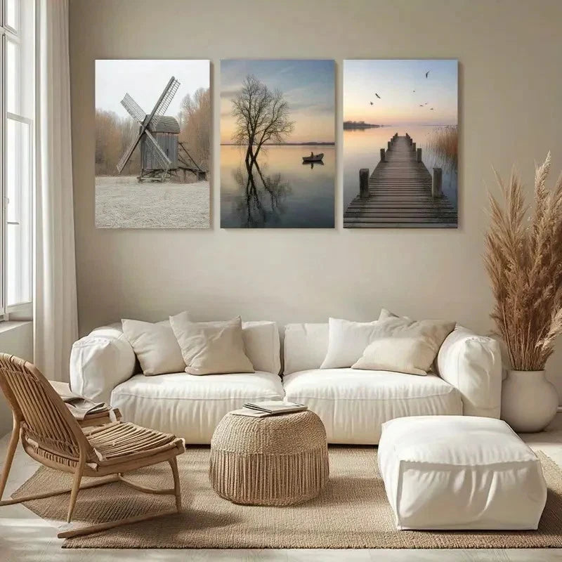 3pcs Windmill Lake  Pier Scenes with Birds & Trees Metal Print Ready to Hang Art