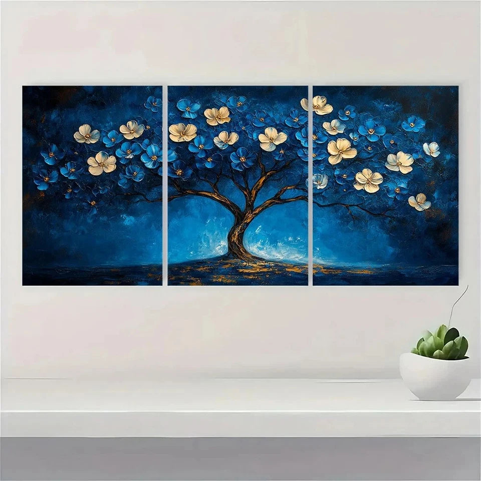 3pcs Abstract Vibrant Blue White Floral Metal Print Ready to Hang Art - Bella Home Decor