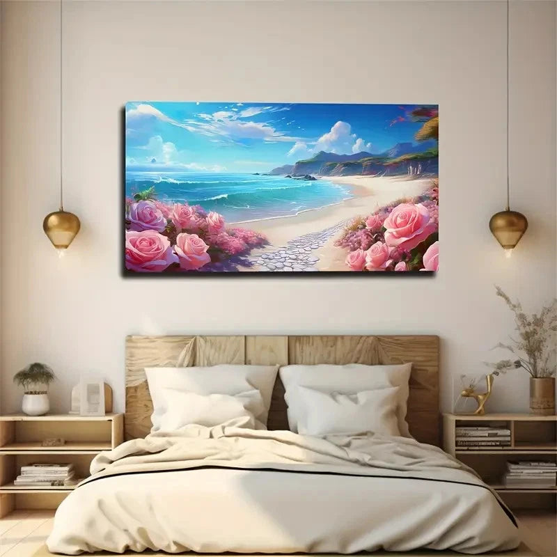 Coastal Landscape Pink Rose Wall Art Canvas Office Home Room Framed 120x60cm