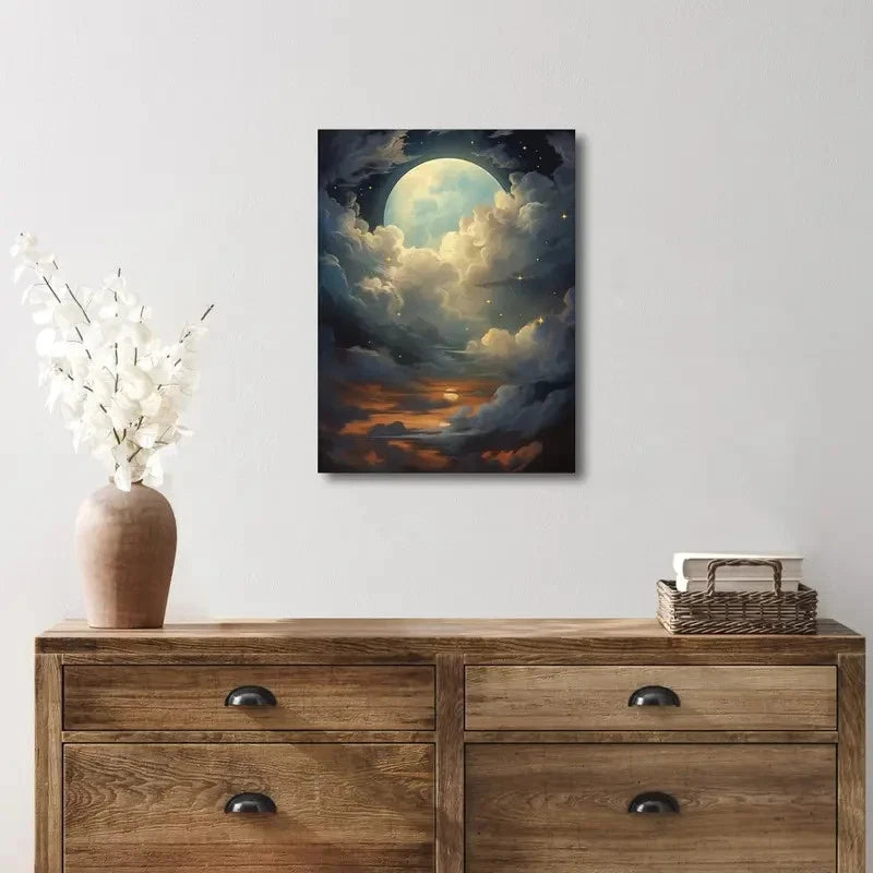 Beautiful Enchanted Full Moon And Clouds Painting 40x60cm Metal Print Ready to Hang