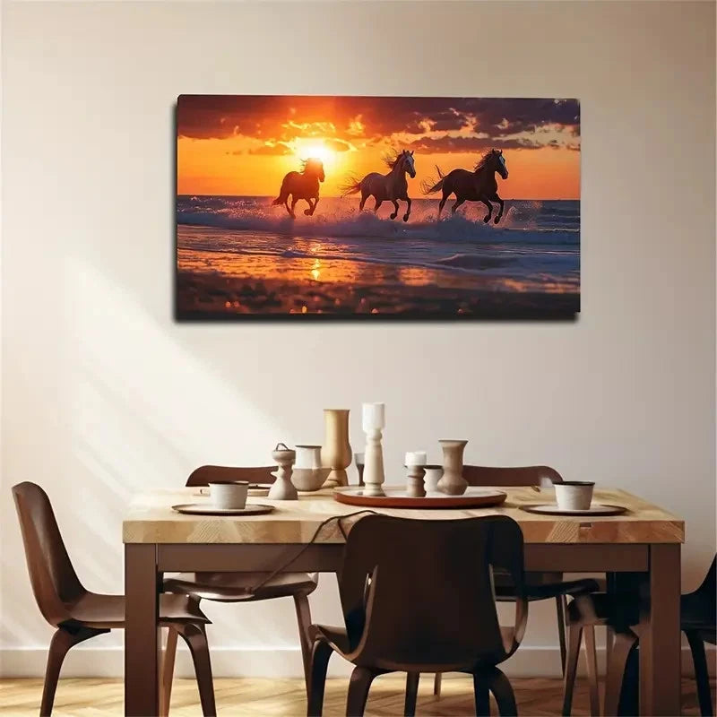 Three Galloping Horses Wall Art canvas office home room framed 120x60cm - Bella Home Decor