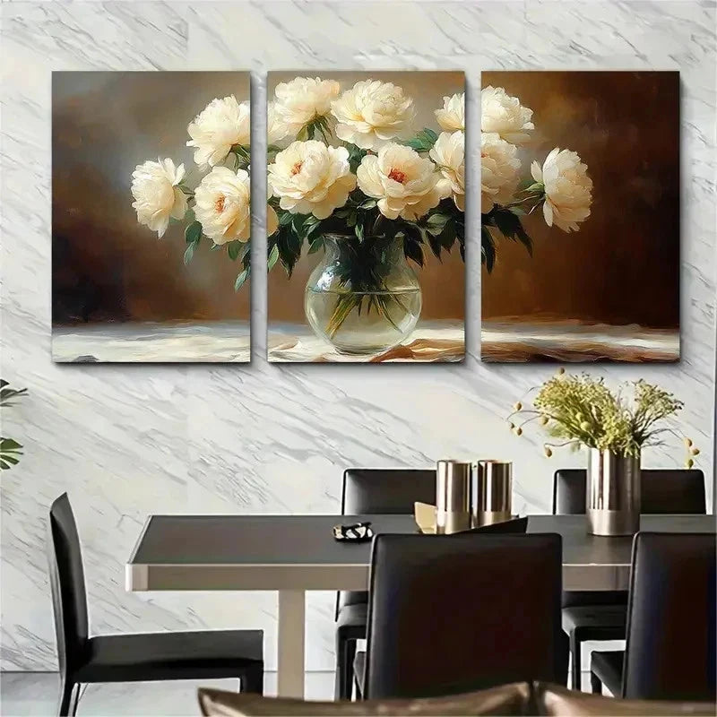3pcs White Roses Peonies Peony Flowers Perfect Wall Art Set Canvas Framed 50x70cm - High Quality Print 100% Australian Made Wall Canvas Ready to Hang