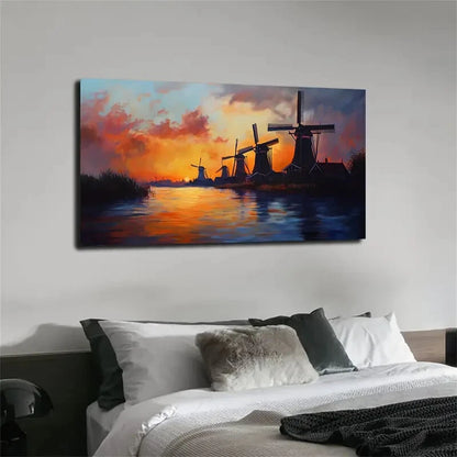 Abstract Landscape Windmills Wall Art canvas office home room framed 120x60cm - Bella Home Decor