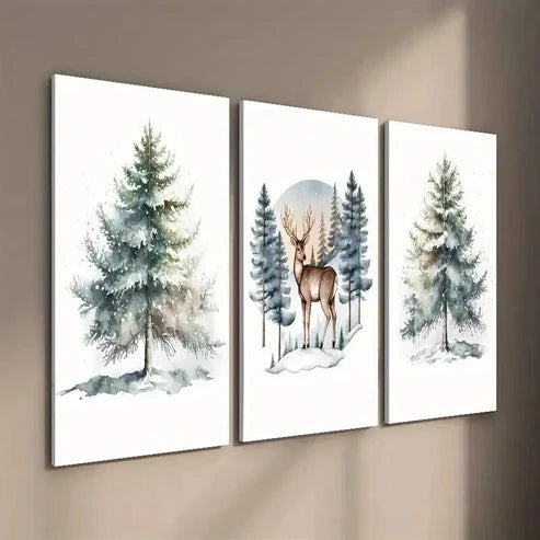 3pcs Reindeer in the Forest & Christmas Tree Wall Art Set Canvas Unframed - High Quality Print 100% Australian Made Wall Canvas