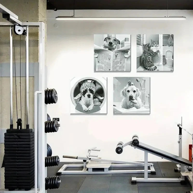 4pcs Cute Cat Dog Wall Art Canvas Framed