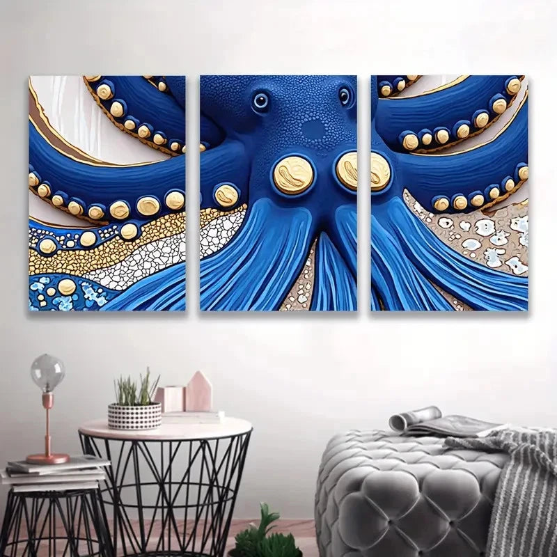 3pcs Vibrant Blue & Golden Abstract Octopus  Wall Art Set Canvas Framed 60x90cm - High Quality Print 100% Australian Made Wall Canvas Ready to Hang