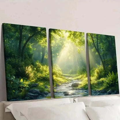 3pcs Serene Green Forest Lush Trees & Stream Wall Art Set Canvas Framed 60x90cm - High Quality Print 100% Australian Made Wall Canvas Ready to Hang - Bella Home Decor