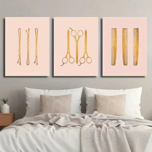 3pcs Hair Salon Hairpin Scissors Comb Wall Art Set Canvas Unframed - High Quality Print 100% Australian Made Wall Canvas