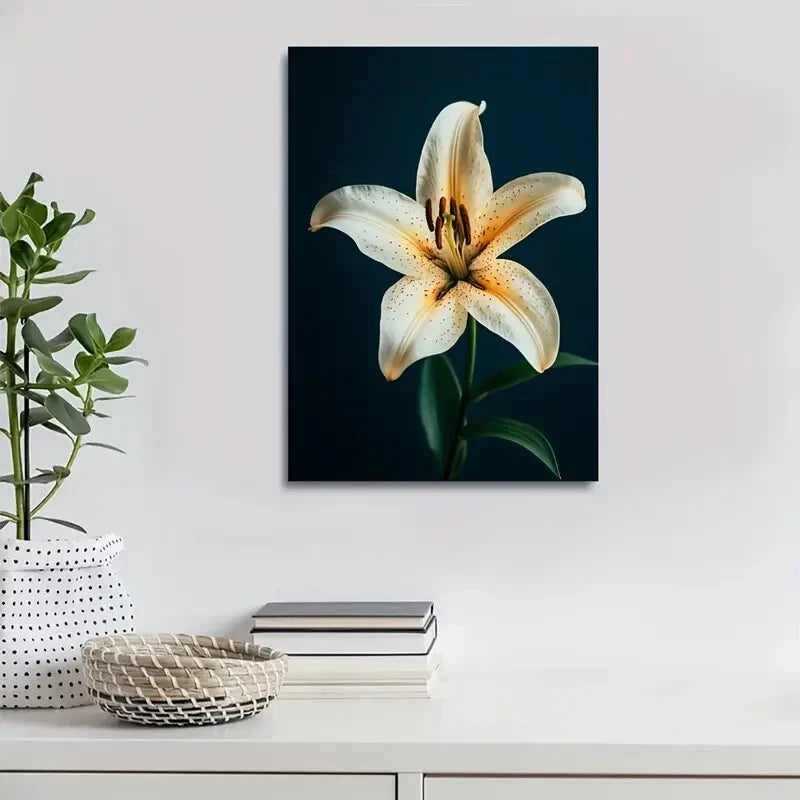 Stunning White Lily on Dark Blue Background Painting  40x60cm Metal Print Ready to Hang - Bella Home Decor