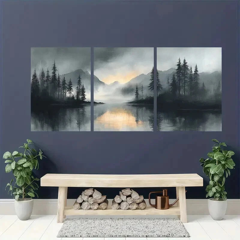 3pcs Gray Watercolor Abstract Landscape Metal Print Ready to Hang Art - Bella Home Decor