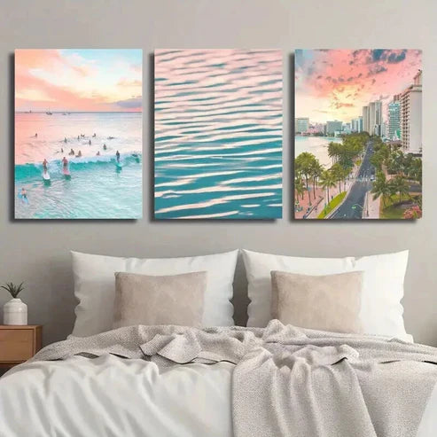 3pcs Surfing Sunset Ocean Waves Decor Wall Art Set Canvas Unframed - High Quality Print 100% Australian Made Wall Canvas