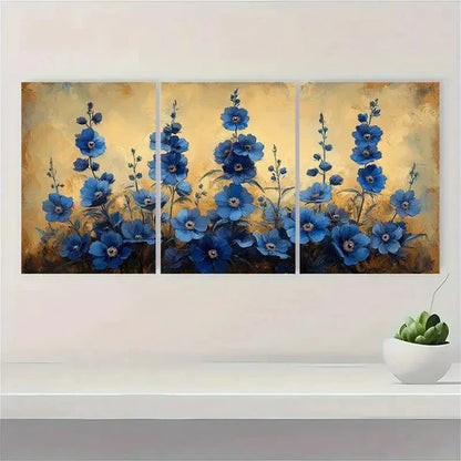 3pcs Larkspur Flower Beige Delphinium Wall Art Set Canvas Unframed - High Quality Print 100% Australian Made Wall Canvas