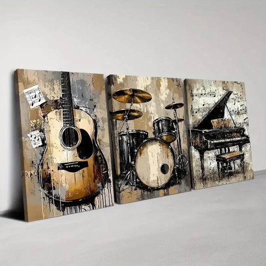 3pcs Abstract Musical Instruments Wall Art Set Canvas Framed 50x70cm - High Quality Print 100% Australian Made Wall Canvas Ready to Hang