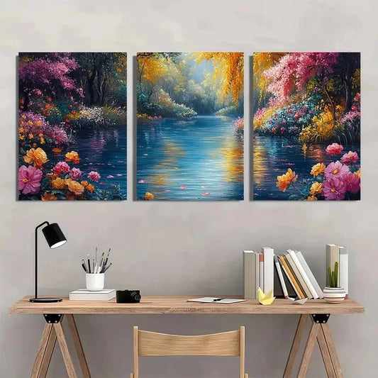3pcs Floral River Nature Flower Perfect Wall Art Set Canvas Framed 50x70cm - High Quality Print 100% Australian Made Wall Canvas Ready to Hang