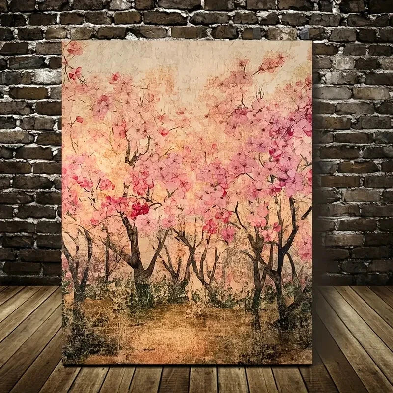 Serene Landscape with Pink Blossoms Painting 40x60cm Metal Print Ready to Hang - Bella Home Decor