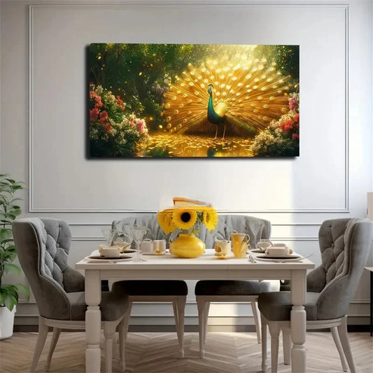 Majestic Peacock With Golden Wall Art Canvas Office Home Room Framed 120x60cm
