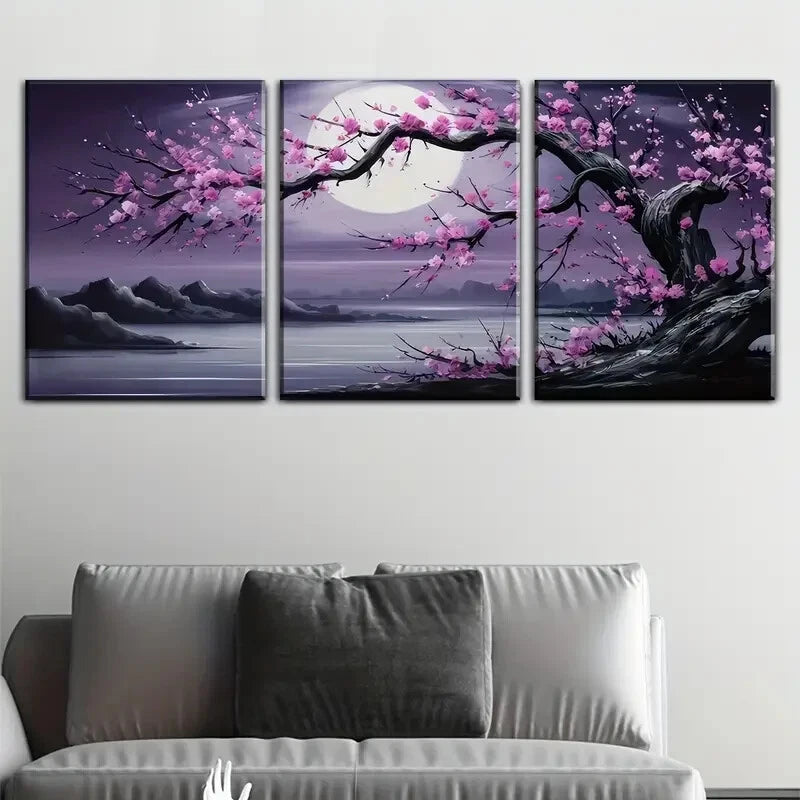 3pcs Moonlit Trees And Plum Blossoms Perfect Wall Art Set Canvas Framed 40x60cm - High Quality Print 100% Australian Made Wall Canvas Ready to Hang - Bella Home Decor