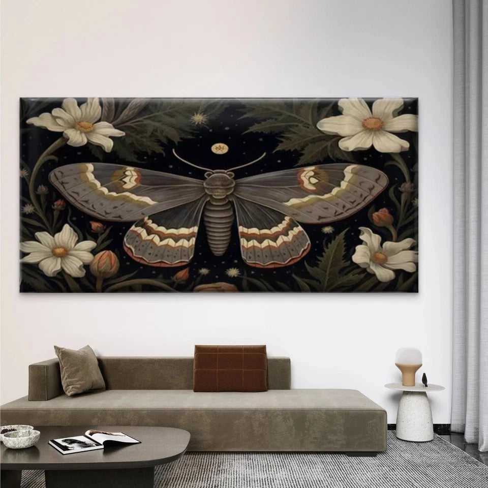 Night Moth & Botanical Flower Wall Art Canvas Office Home Room Framed 120x60cm