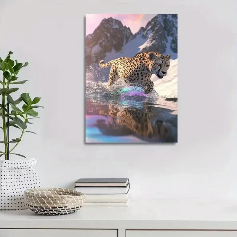 Cheetah Splashing in Water on Snowy Mountain Painting 40x60cm Metal Print Ready to Hang - Bella Home Decor