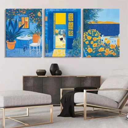 3pcs Mediterranean Blue Yellow Garden Perfect Wall Art Canvas Unframed - High Quality Print 100% Australian Made Wall Canvas
