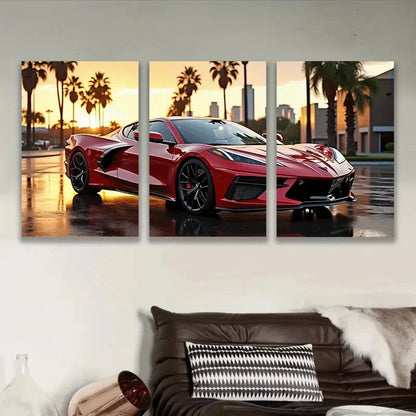 3pcs Red Chevrolet Corvette C8 Sports Car Sunset Wall Art Set Canvas Framed 60x90cm - High Quality Print 100% Australian Made Wall Canvas Ready to Hang