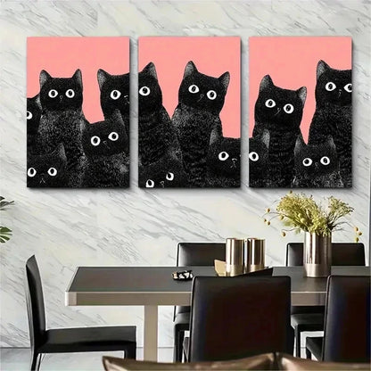 3pcs Black Cat Aesthetic Pink Animal Perfect Wall Art Set Canvas Framed 50x70cm - High Quality Print 100% Australian Made Wall Canvas Ready to Hang - Bella Home Decor