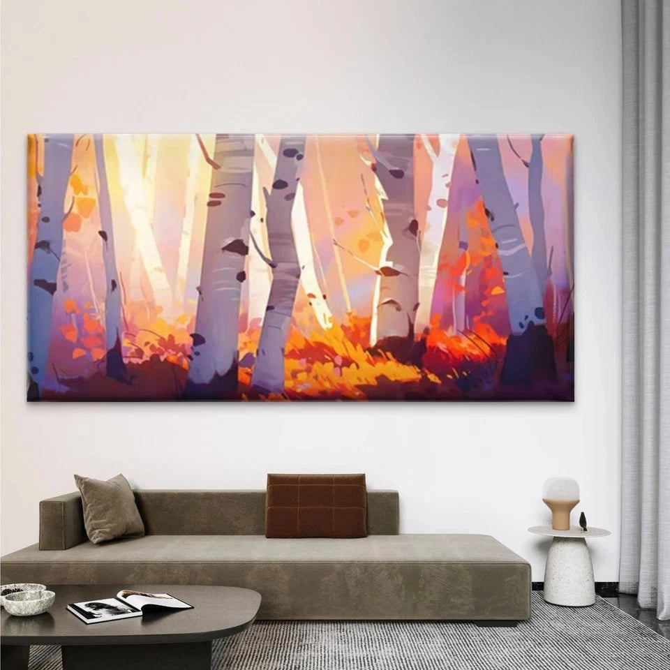 Autumn Birch Forest Landscape Wall Art Canvas Office Home Room Framed 120x60cm