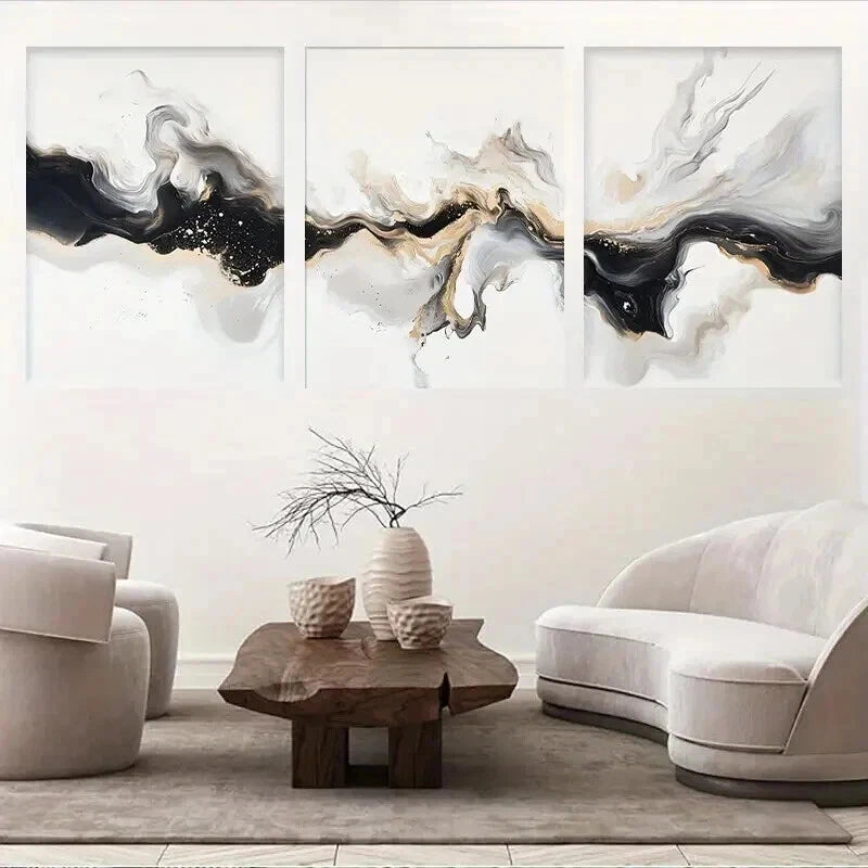 3pcs Elegant Black White And Golden Abstract Wall Art Set Canvas Framed 60x90cm - High Quality Print 100% Australian Made Wall Canvas Ready to Hang - Bella Home Decor