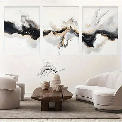 3pcs Elegant Black White And Golden Abstract Wall Art Set Canvas Framed 60x90cm - High Quality Print 100% Australian Made Wall Canvas Ready to Hang - Bella Home Decor