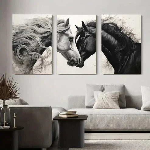 3pcs Black And White Horse Elegant Wall Art Set Canvas Unframed - High Quality Print 100% Australian Made Wall Canvas - Bella Home Decor