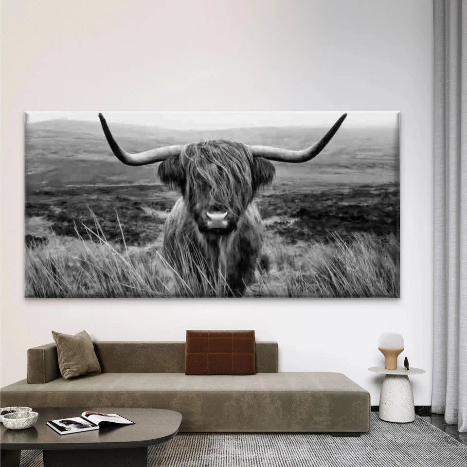 Black and White Highland Cow Wall Art Canvas Office Home Room Framed 120x60cm